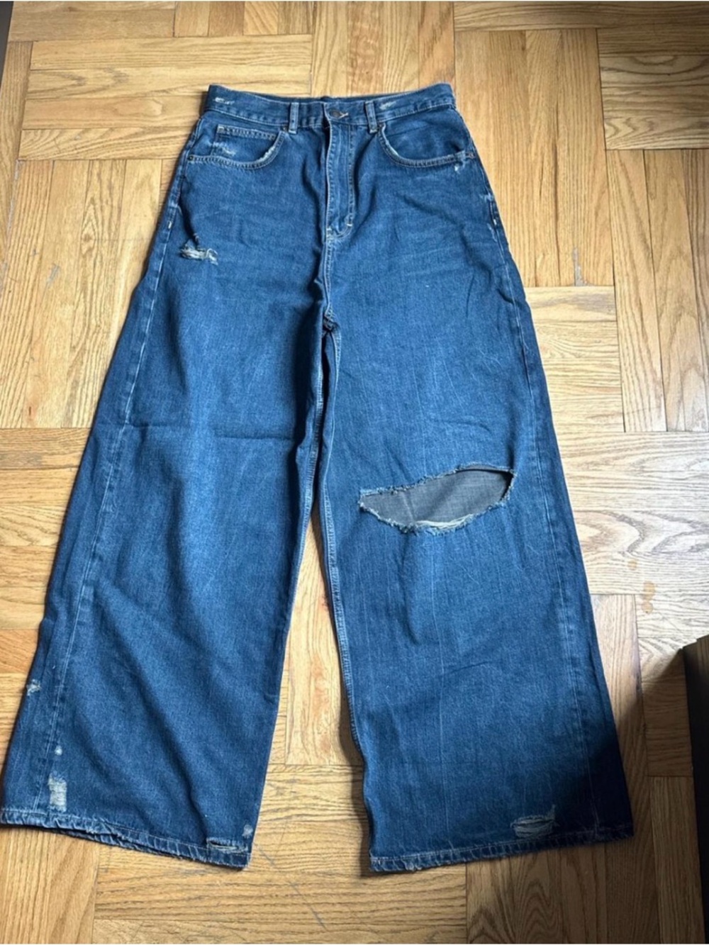 Zara Wide Leg Distressed Blue Denim Jeans